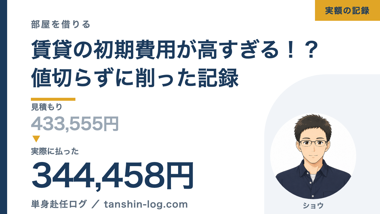 賃貸の初期費用の見積もり433,555円と実際に払った344,458円を並べたアイキャッチ画像