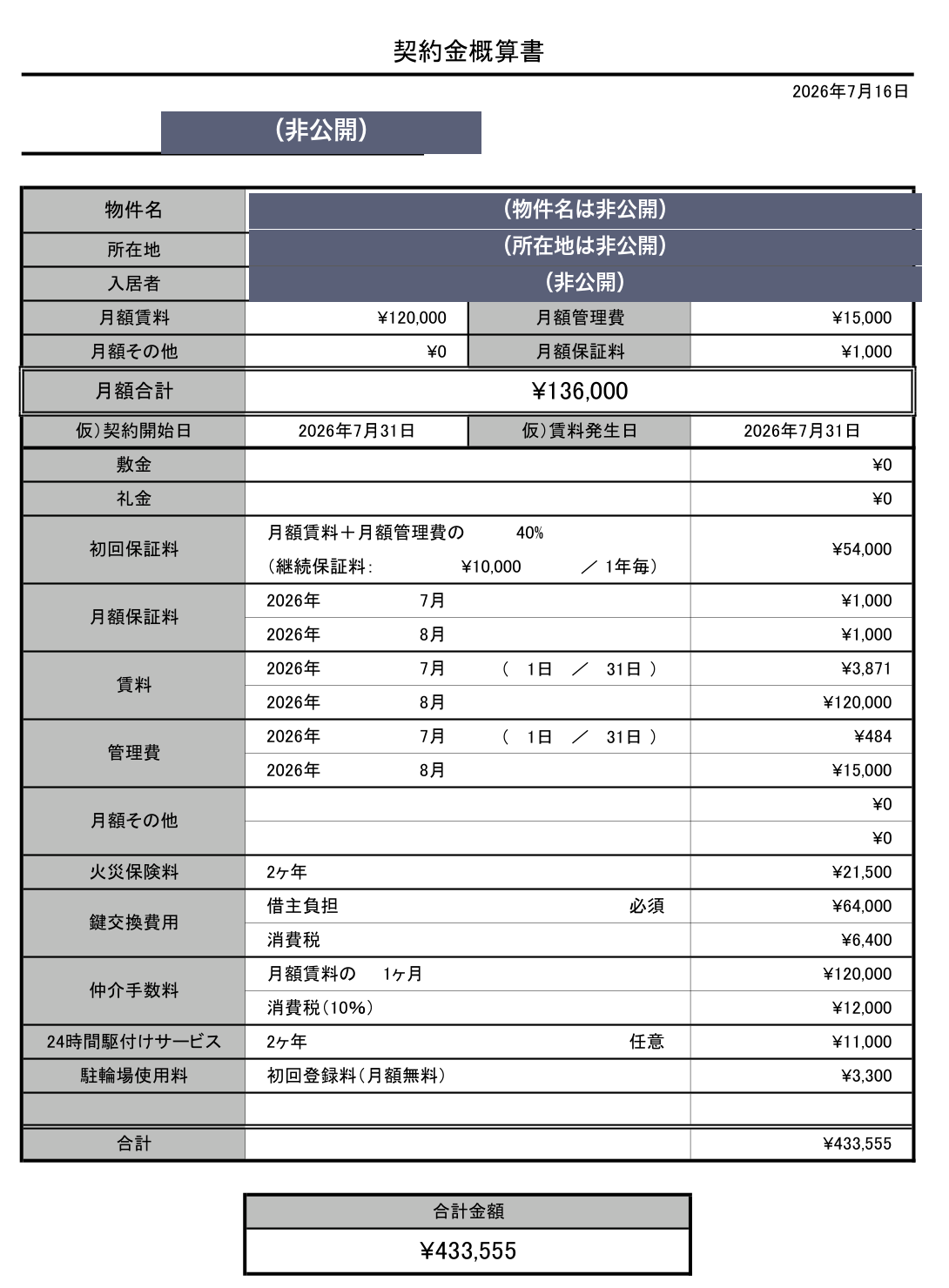 契約金概算書。敷金0円・礼金0円・火災保険料21,500円・鍵交換費用64,000円ほか、合計433,555円